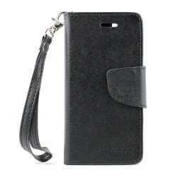 iPhone 5S 5 Diary Flip Leather Wallet Case w Stand and Strap (Black Black)